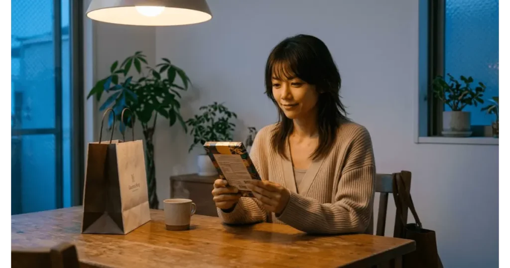 自宅のリビングで手に入れたドバイチョコのパッケージを確認する女性
