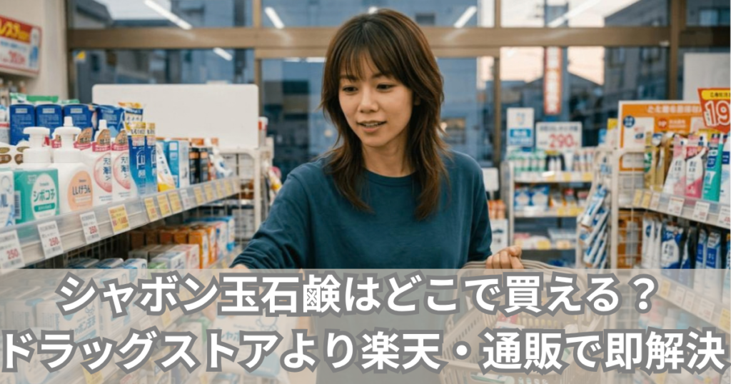 ドラッグストアの日用品売場でシャボン玉石けんを手にとって選ぶ女性