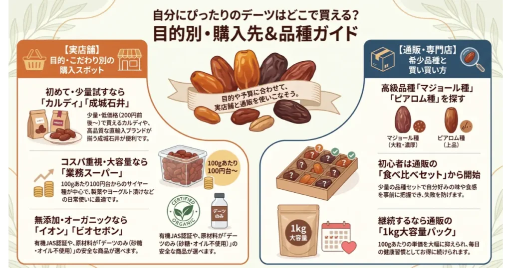 デーツの目的別・購入先と品種ガイド(実店舗と通販の比較)