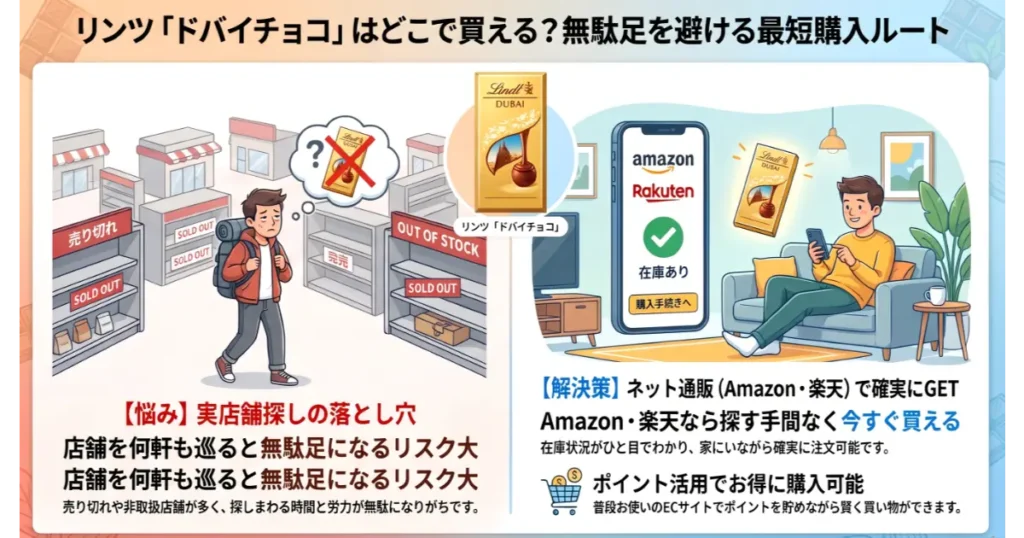 リンツのドバイチョコを探す際の実店舗巡りのリスクとネット通販での購入メリットを比較した図解