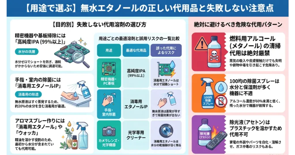 無水エタノールの正しい代用品一覧と使ってはいけない危険な溶剤の比較図