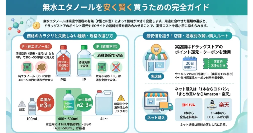 無水エタノールを安く賢く買うための完全ガイド。P型とIP型の酒税の違いや容量別の単価比較、ドラッグストアとネット通販の最安購入ルートの図解