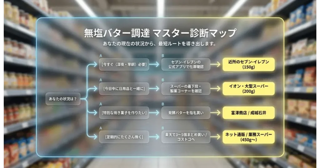 無塩バター調達マスター診断マップ(深夜・急ぎ・日用品ついで・本格派・大容量別の最短ルートフローチャート)