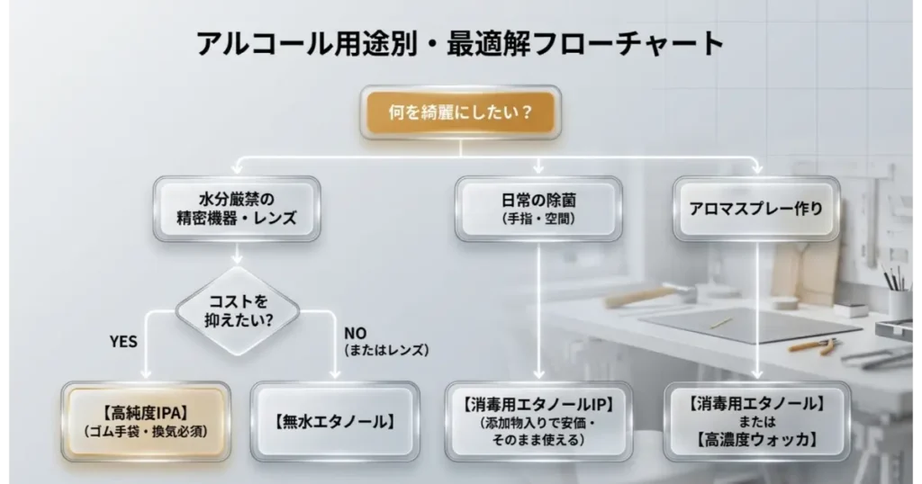 目的や用途に合わせて最適なアルコール溶剤が選べるフローチャート図