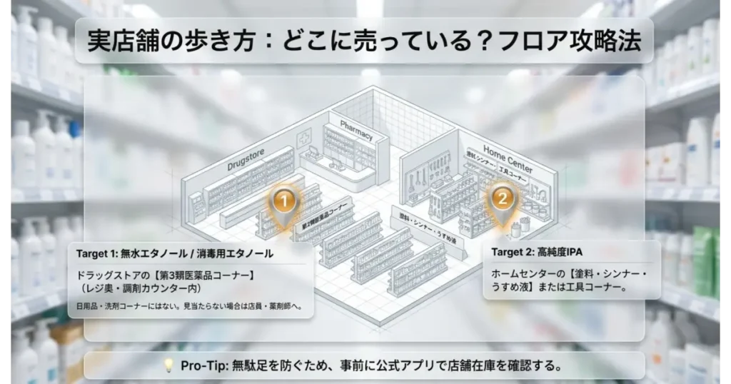 ドラッグストアとホームセンターにおける無水エタノールや高純度IPAの売り場案内マップ