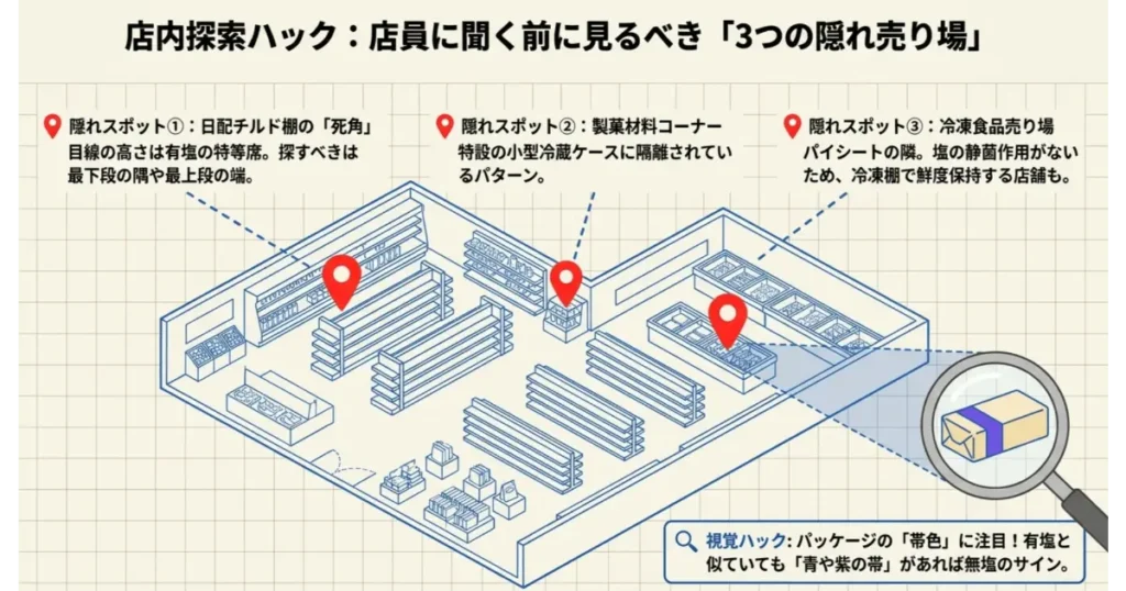 スーパーで無塩バターが見つからない時に見るべき3つの隠れ売り場マップ(チルド棚最下段・製菓コーナー・冷凍棚)