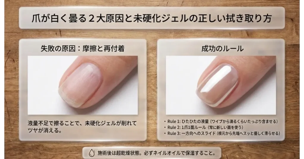 ジェルネイルが白く曇る失敗原因と無水エタノールを使った未硬化ジェルの正しい拭き取り3ルール
