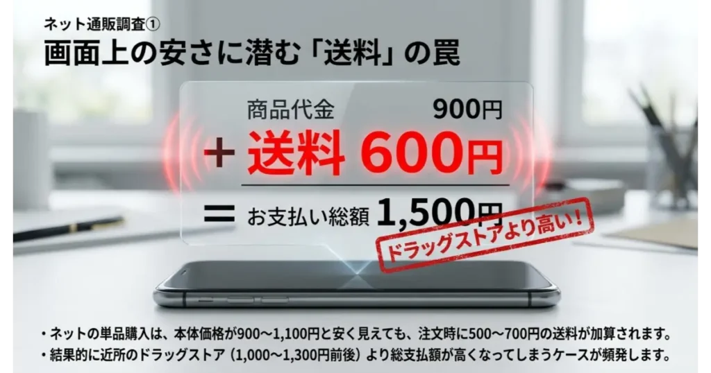 ネット通販で無水エタノールを単品購入する際の送料の罠。商品代金が安くても送料加算でドラッグストア実店舗より総額が高くなる注意喚起の図解