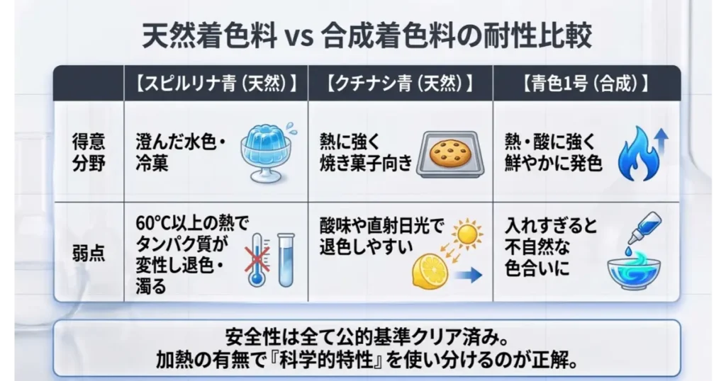 天然着色料(スピルリナ青・クチナシ青)と合成着色料(青色1号)の耐性・使い分け比較表