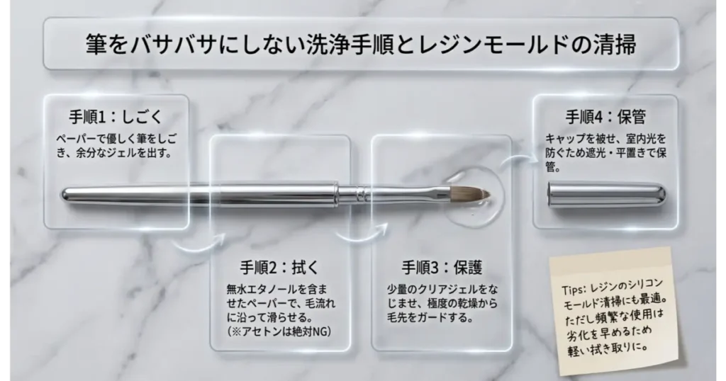 筆をバサバサにしないネイルブラシの正しい洗浄4ステップとレジンモールド清掃のコツ