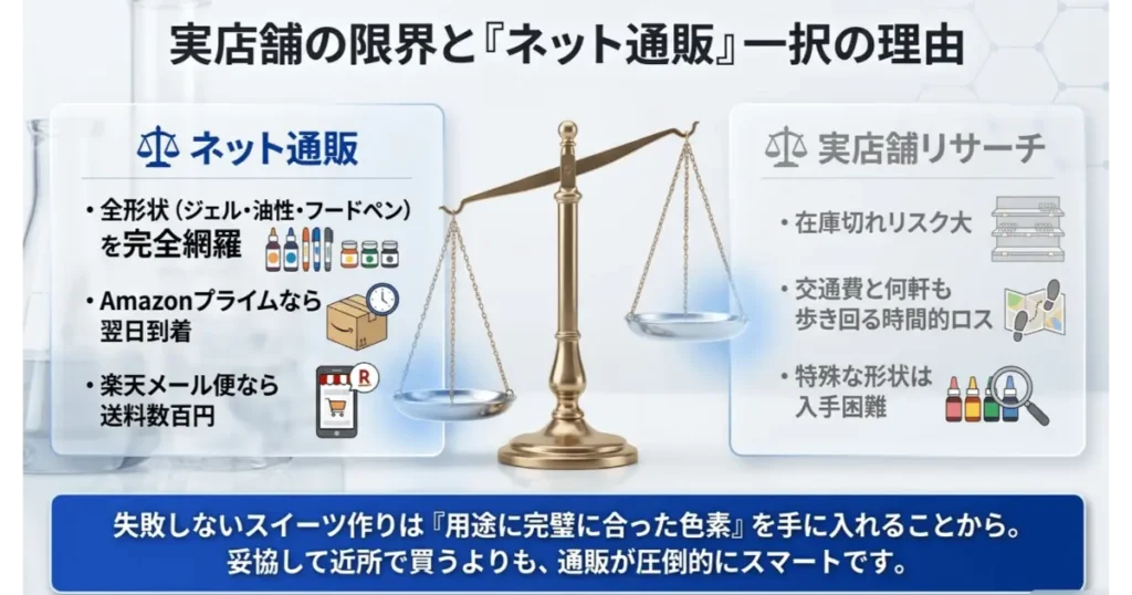 青い食紅を探す際の実店舗の品切れリスクとネット通販の利便性を比較した天秤の図解
