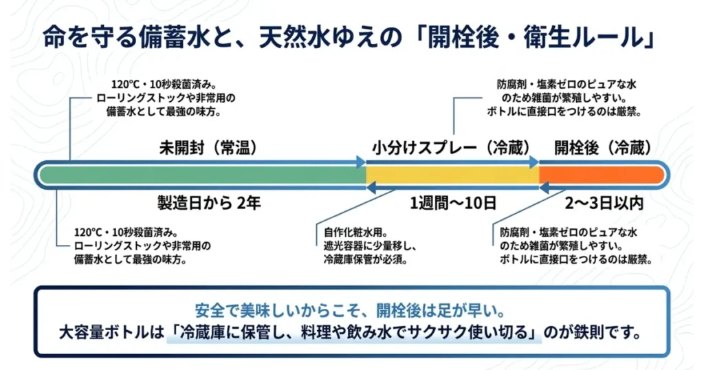 温泉水99の備蓄期間と未開封・開栓後・小分けスプレー時の賞味期限・衛生管理タイムライン