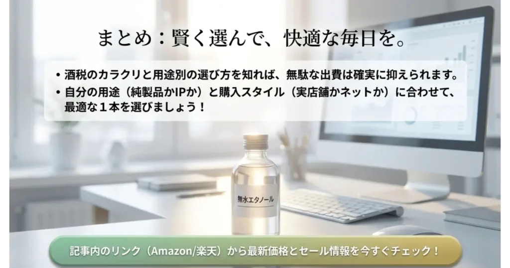 無水エタノールの賢い選び方まとめ。酒税の仕組みや用途に合わせたP・IPの選択と購入スタイルの最適解についての総括
