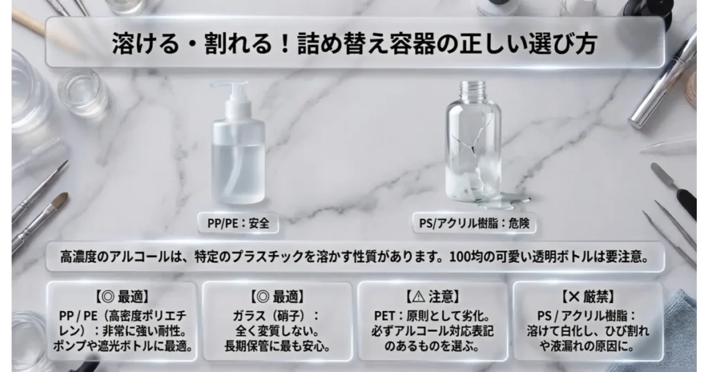 無水エタノール詰め替え容器の素材比較（PP・PE・ガラスは安全、アクリル樹脂・PSは変質・割れるため厳禁）