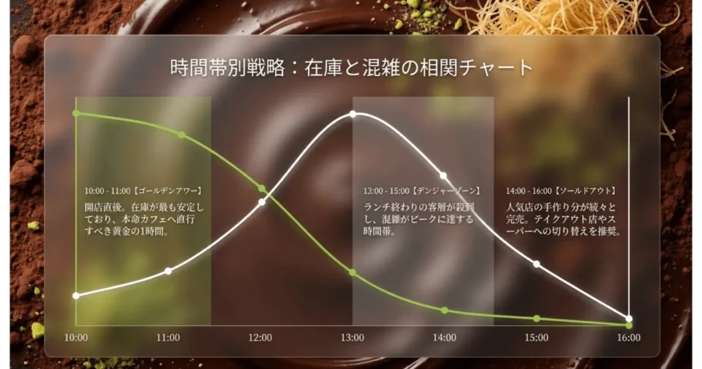 ドバイチョコ購入の時間帯別在庫と混雑の相関グラフ