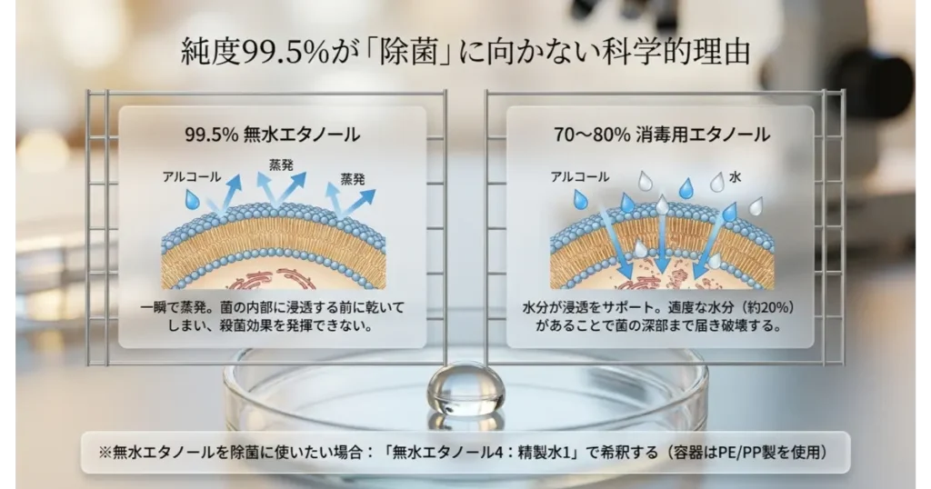 純度99.5%の無水エタノールが除菌に向かない科学的理由と消毒用エタノールの浸透比較図