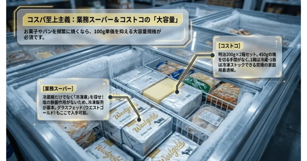 業務スーパーとコストコの冷凍売り場にある大容量無塩バター(グラスフェッド・明治200gセット)