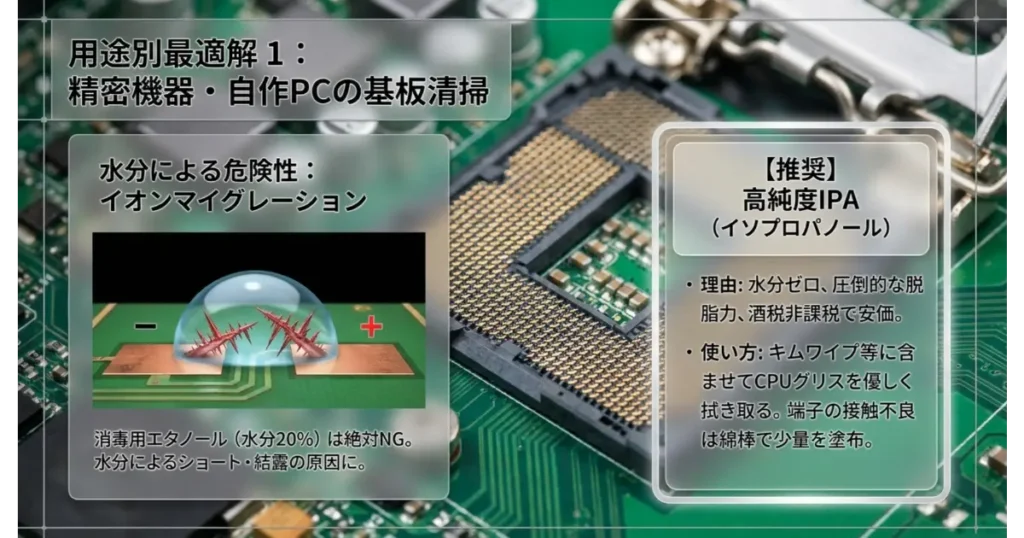 精密機器や自作PCの基板清掃における高純度IPAの推奨と水分の危険性