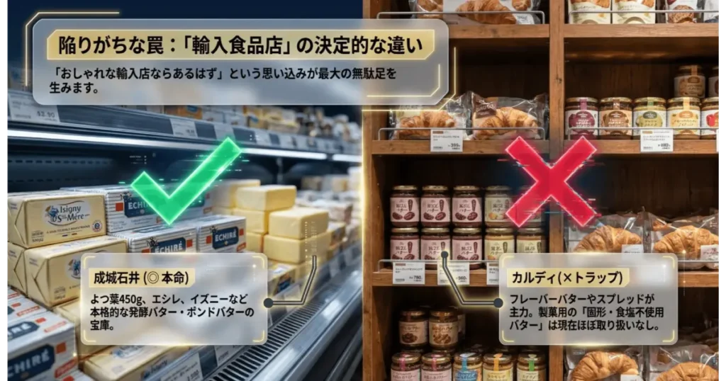 無塩バター売り場の成城石井とカルディ比較(成城石井は本格発酵バターあり、カルディは固形無塩バター取扱いなし)