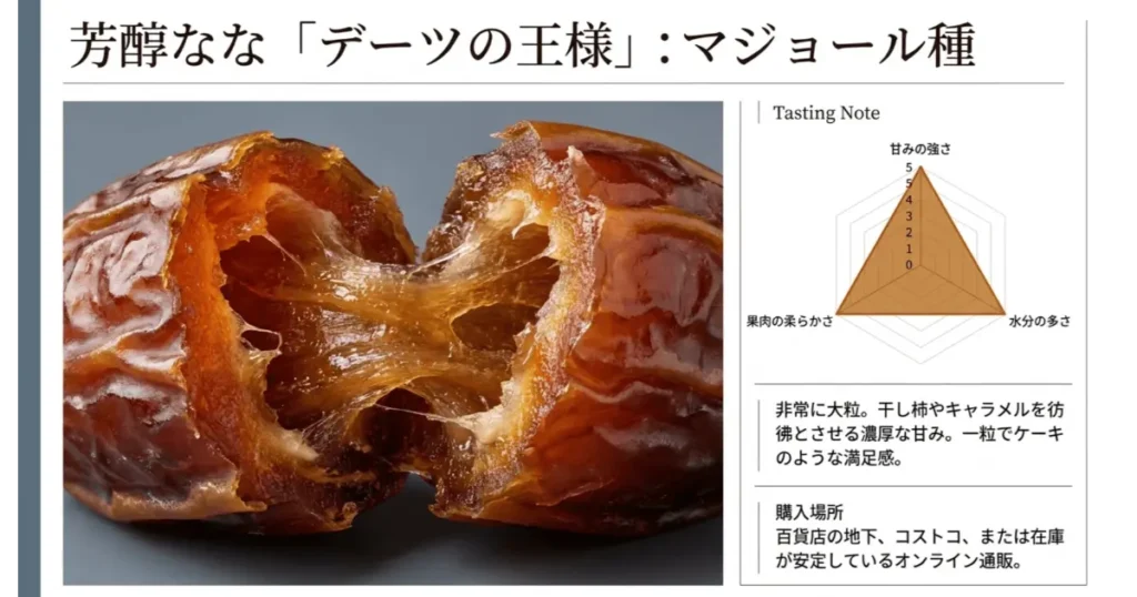 デーツの王様マジョール種の断面と味わいチャート