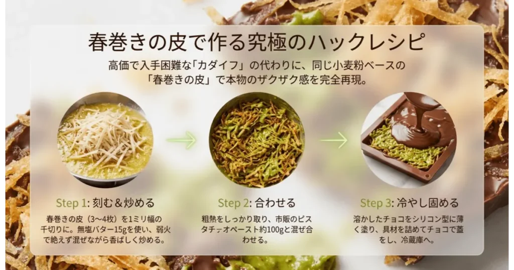 春巻きの皮をカダイフ代用として作るドバイチョコの簡単レシピ工程