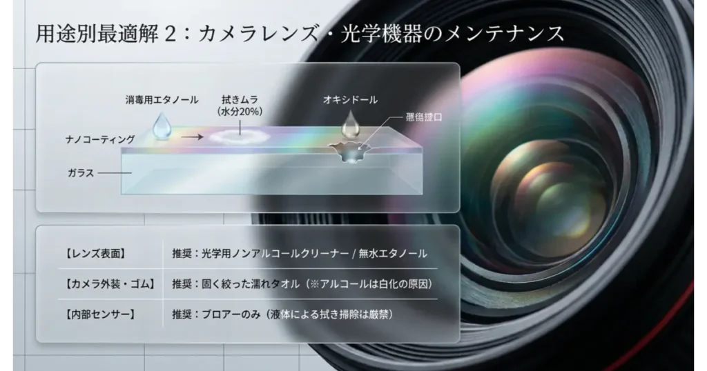 カメラレンズや光学機器のメンテナンスにおける推奨クリーナーとNG溶剤の比較図