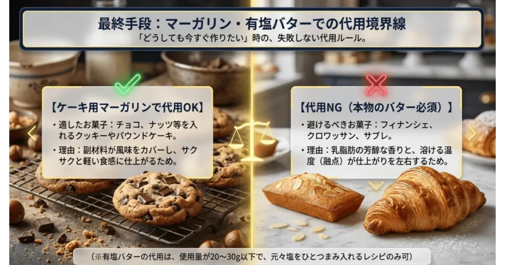 無塩バターの代用ルール(ケーキ用マーガリンで代用できるお菓子と本物のバターが必須なお菓子の比較)