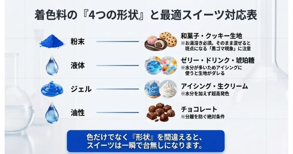 着色料の4つの形状(粉末・液体・ジェル・油性)と最適スイーツ対応表のインフォグラフィック