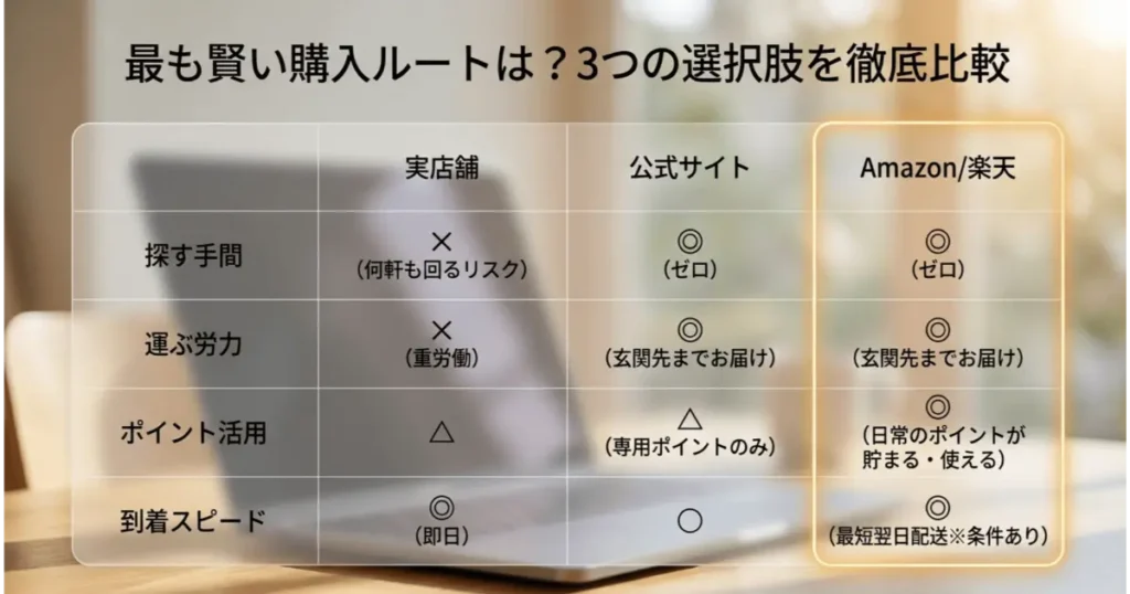 温泉水99の購入先比較表(実店舗・公式サイト・Amazonや楽天の比較)