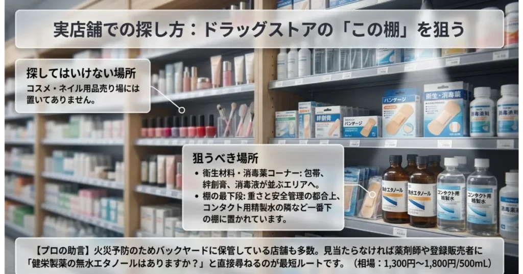 ドラッグストアの実店舗で無水エタノールが置かれている場所(衛生材料・消毒薬コーナー最下段)の探し方