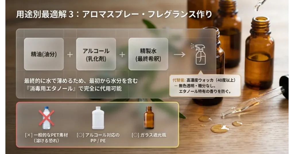 アロマスプレー作りにおける消毒用エタノールの代用手順と使用可能な容器素材