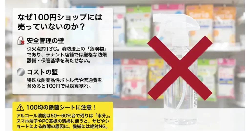 無水エタノールが100円ショップ（ダイソー・セリア等）で売られていない理由。引火点や防爆設備等の安全管理基準と容器コストの壁