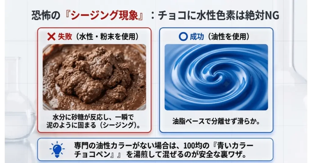 チョコレートに水性着色料を入れて失敗したシージング現象と油性色素の成功例の比較