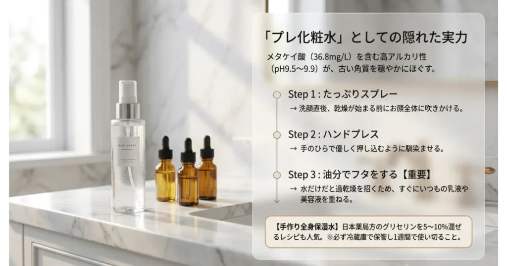 温泉水99をプレ化粧水やミストスプレーとして活用するスキンケア手順