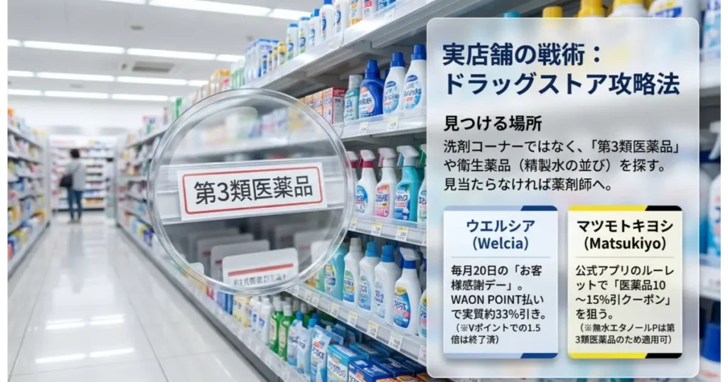 ドラッグストアでの無水エタノールの売り場（第3類医薬品棚）と、ウエルシア感謝デーやマツモトキヨシ公式アプリクーポンを活用した安く買う方法