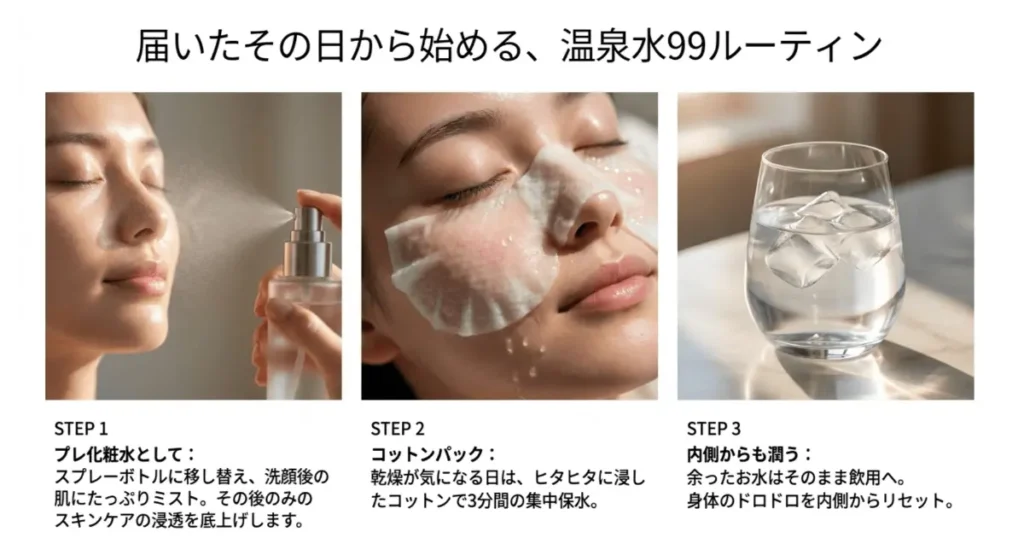 温泉水99を化粧水代わりに使う3ステップ(スプレー・コットンパック・水分補給)