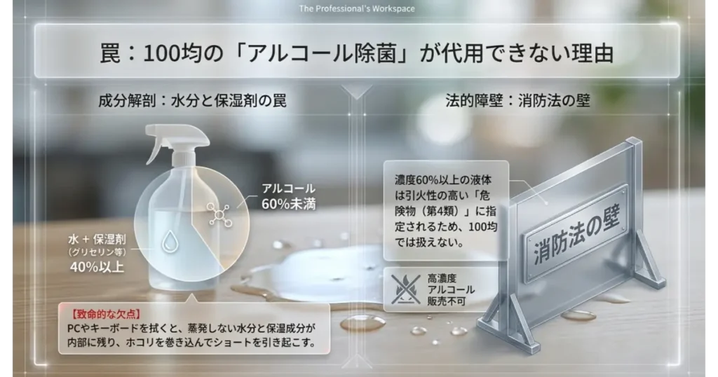 100均のアルコール除菌スプレーが無水エタノールの代用にならない理由と消防法の壁