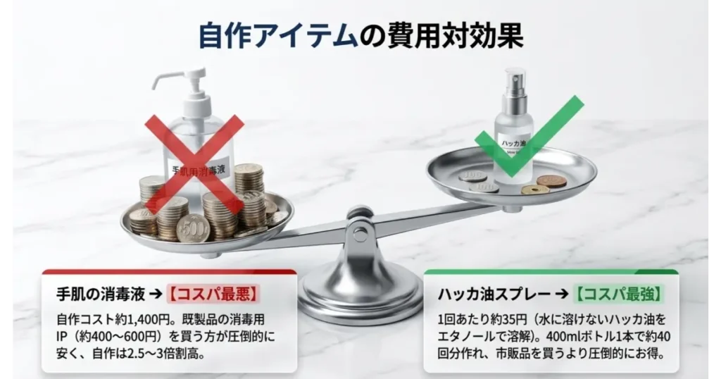 無水エタノールを使った自作アイテムの費用対効果。コスパが悪い手肌用消毒液と、1回約35円でコスパ最強なハッカ油スプレーの天秤比較
