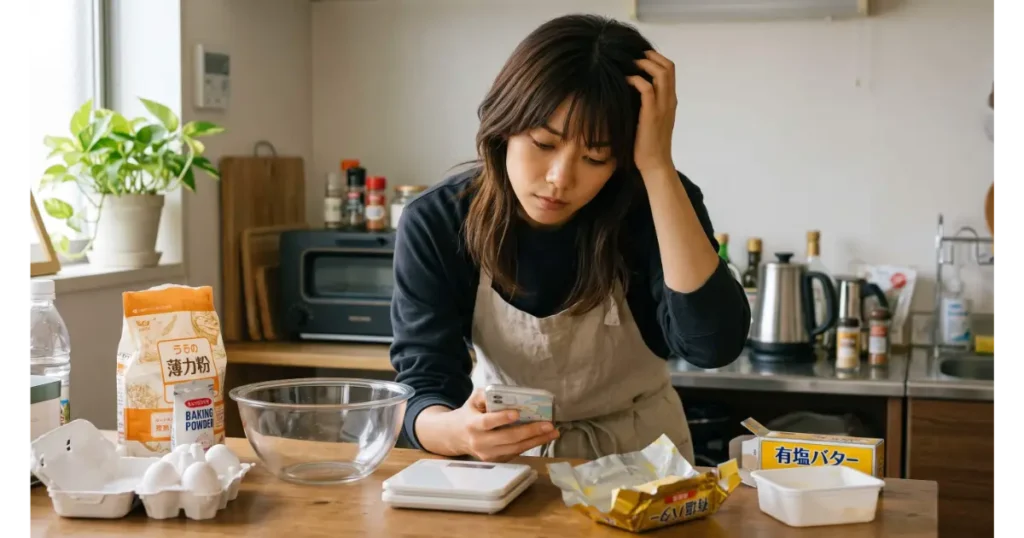 お菓子作りの途中で無塩バターがないことに気づき有塩バターの前で頭を抱えてスマホを調べる女性