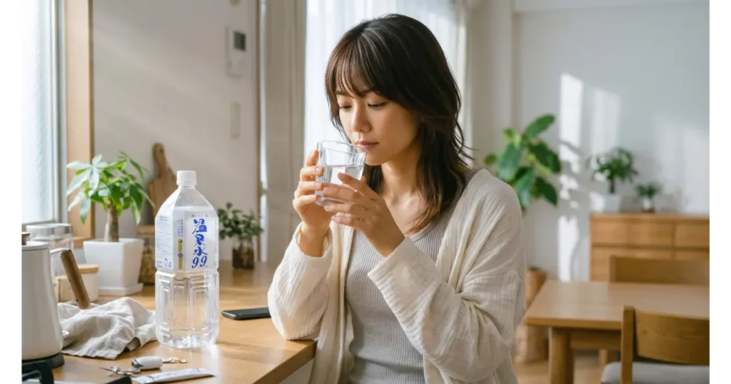 テーブルに置かれた温泉水99のボトルとグラスの水を飲む女性