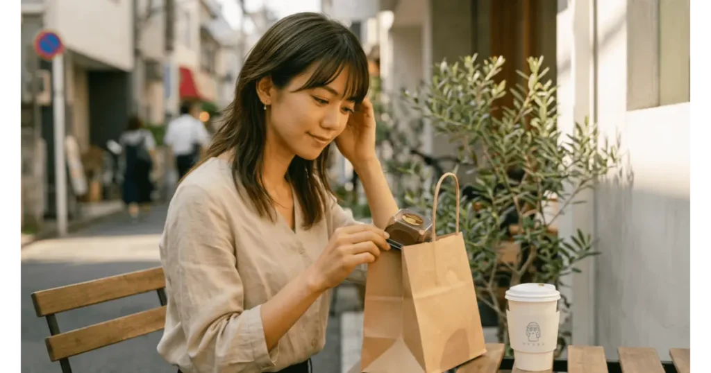 新大久保のカフェテラス席でテイクアウトしたスイーツを取り出す女性