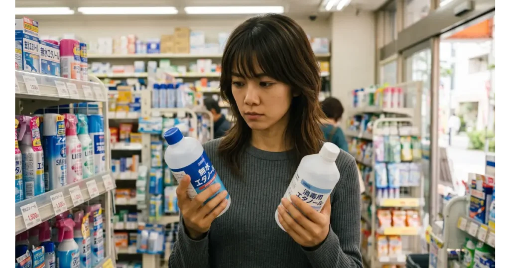ドラッグストアの店頭で無水エタノールと消毒用エタノールを見比べる女性