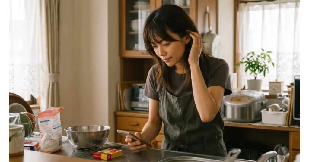 キッチンの調理台でスマートフォンを見ながら青い食紅の取扱店やレシピを調べる女性