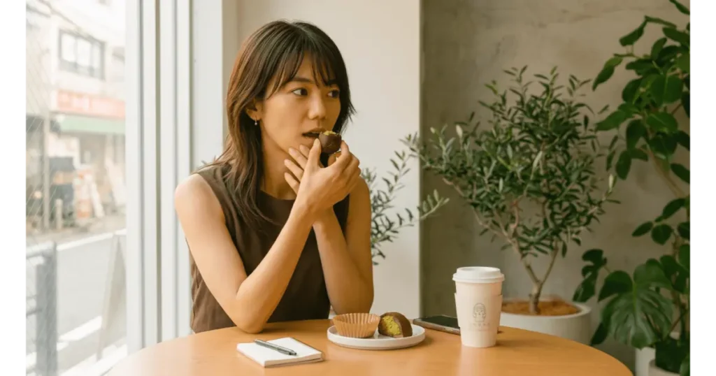 カフェのテーブルでドバイチョコスイーツを試食する女性