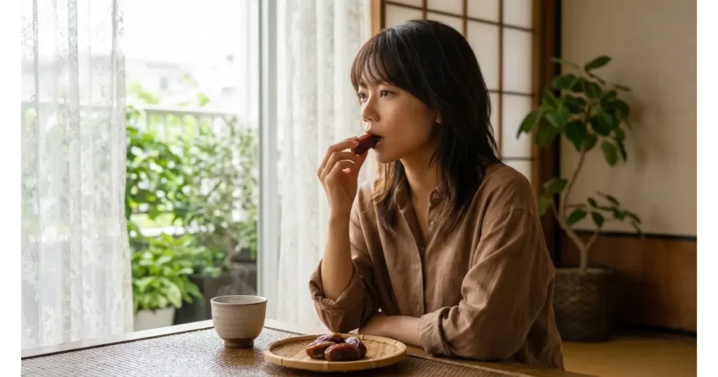 和の空間でお茶と一緒にデーツを味わいリラックスする女性