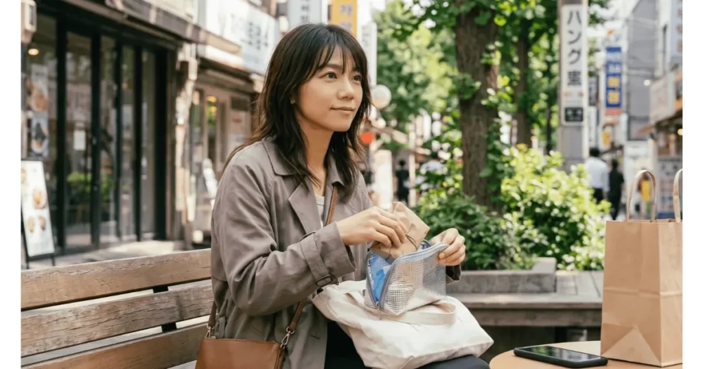 新大久保のベンチで保冷剤入り保冷バッグにスイーツを収納して持ち帰る女性
