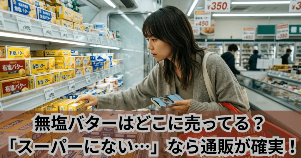 無塩バターはどこに売ってる？スーパーにないなら通販が確実！のアイキャッチ画像（スーパーの陳列棚で探す女性）