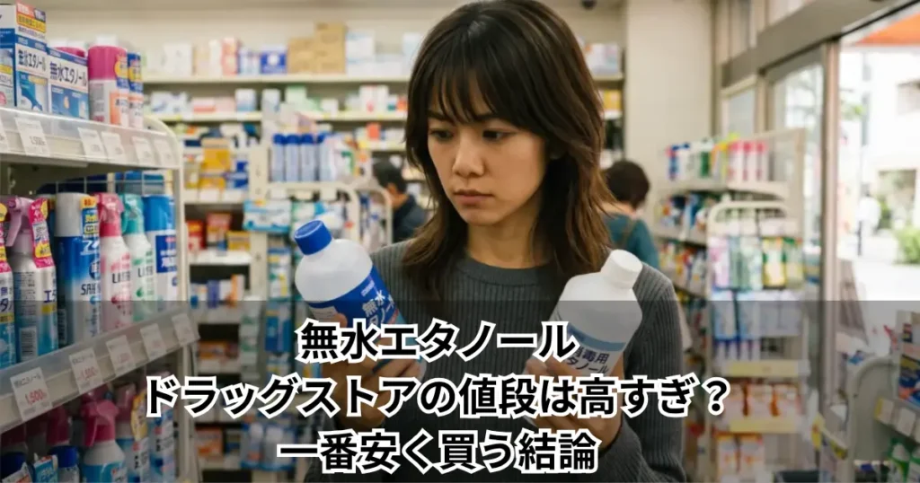 ドラッグストアの棚前で無水エタノールと消毒用エタノールを手に持ち値段を見比べる女性。「無水エタノール ドラッグストアの値段高すぎ？一番安く買う結論」のアイキャッチ